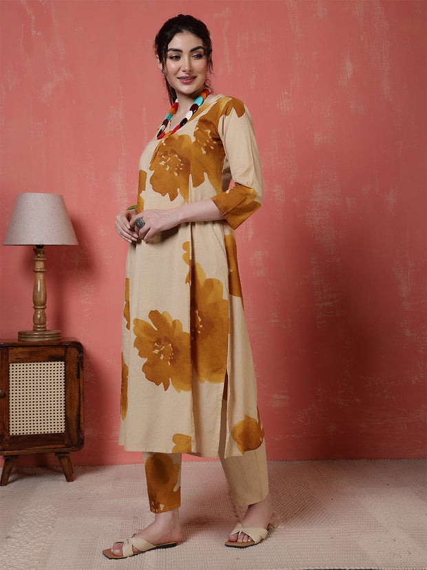 Beige Floral Printed Co-Ord Set for Women
