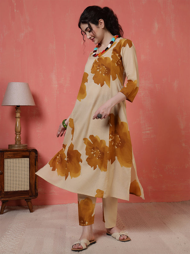 Beige Floral Printed Co-Ord Set for Women