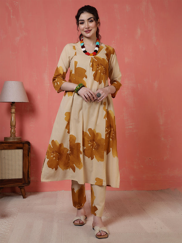 Beige Floral Printed Co-Ord Set for Women