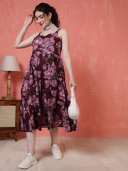 Burgundy Floral Printed Dress for Women