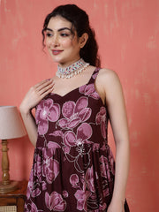 Burgundy Floral Printed Dress for Women