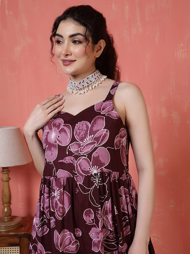 Burgundy Floral Printed Dress for Women