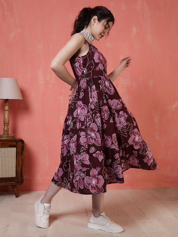 Burgundy Floral Printed Dress for Women