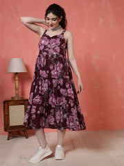 Burgundy Floral Printed Dress for Women