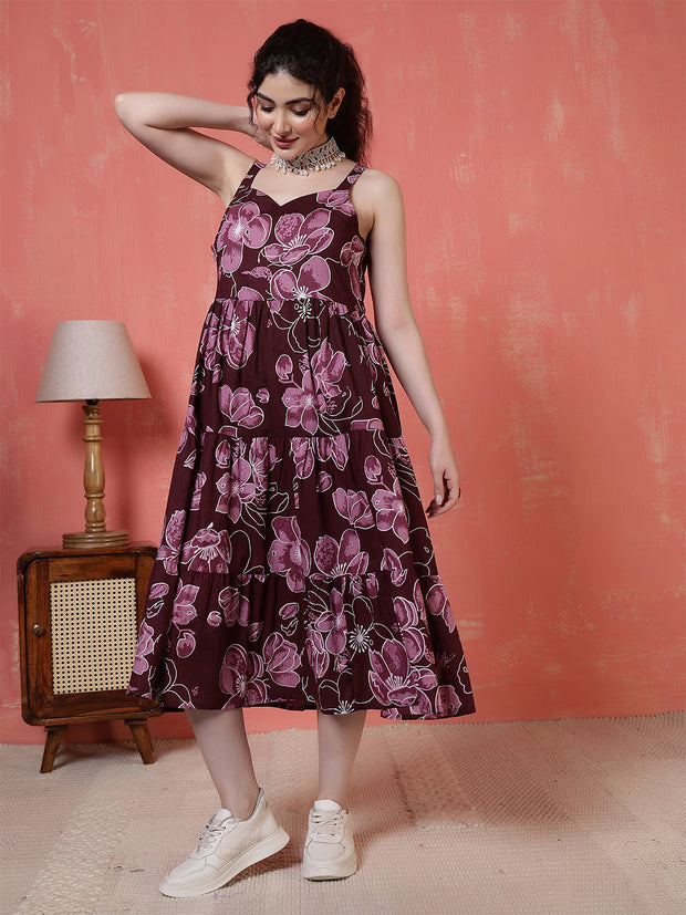Burgundy Floral Printed Dress for Women