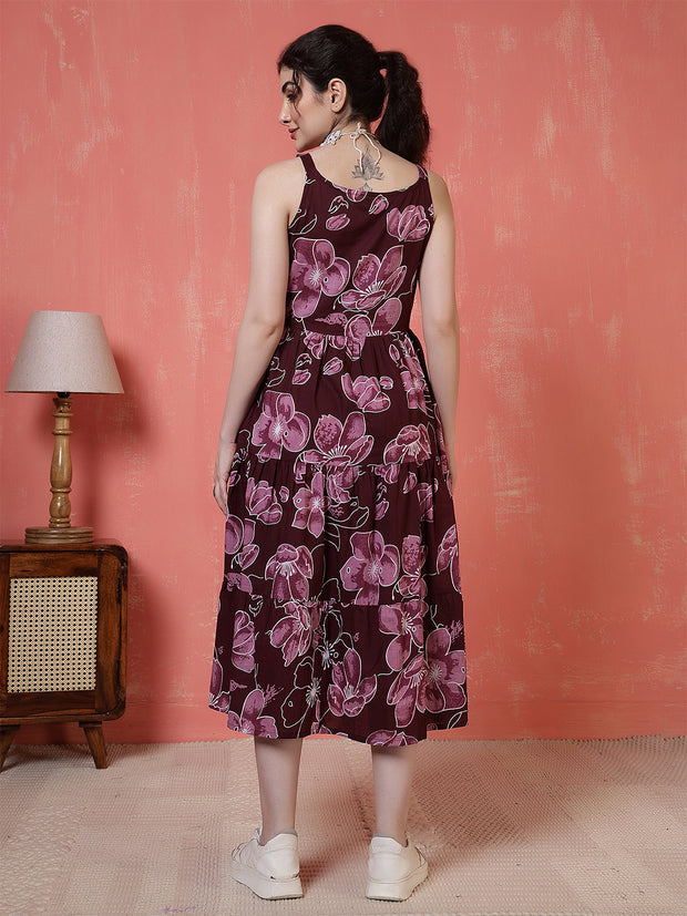 Burgundy Floral Printed Dress for Women