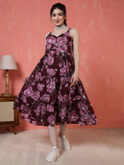 Burgundy Floral Printed Dress for Women