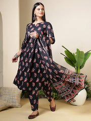 Black Printed Anarkali Kurta Set With Dupatta For Women