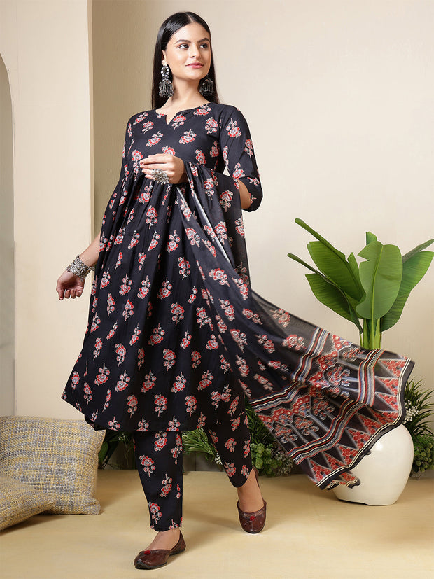 Black Printed Anarkali Kurta Set With Dupatta For Women