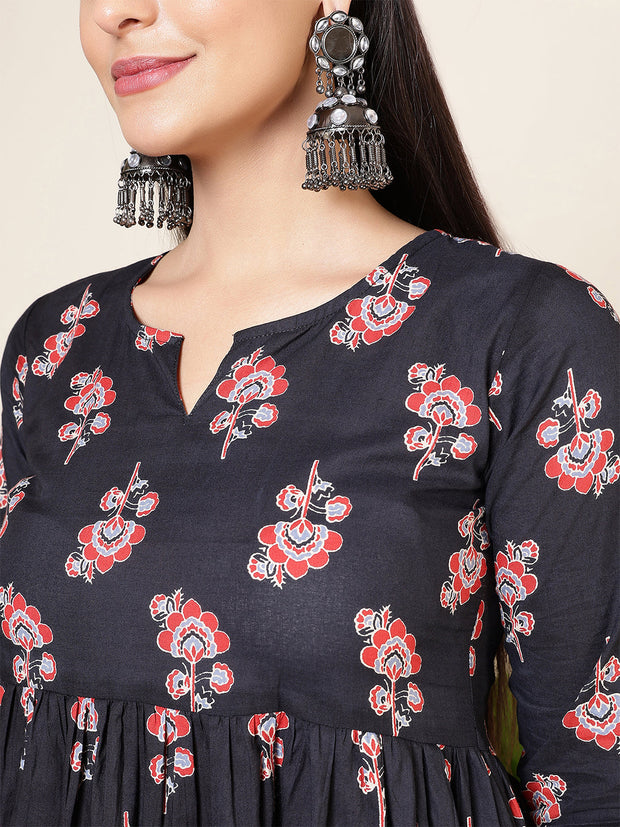 Black Printed Anarkali Kurta Set With Dupatta For Women