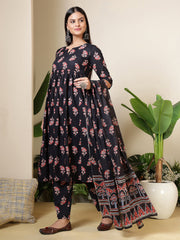 Black Printed Anarkali Kurta Set With Dupatta For Women