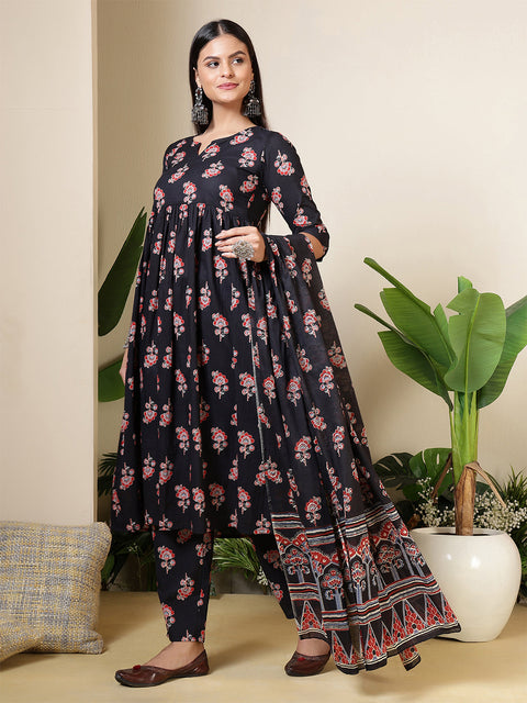 Black Printed Anarkali Kurta Set With Dupatta For Women
