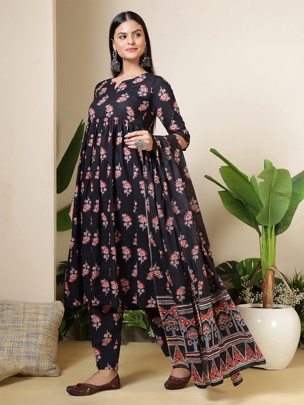 Black Printed Anarkali Kurta Set With Dupatta For Women
