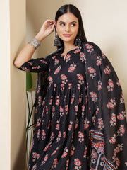 Black Printed Anarkali Kurta Set With Dupatta For Women