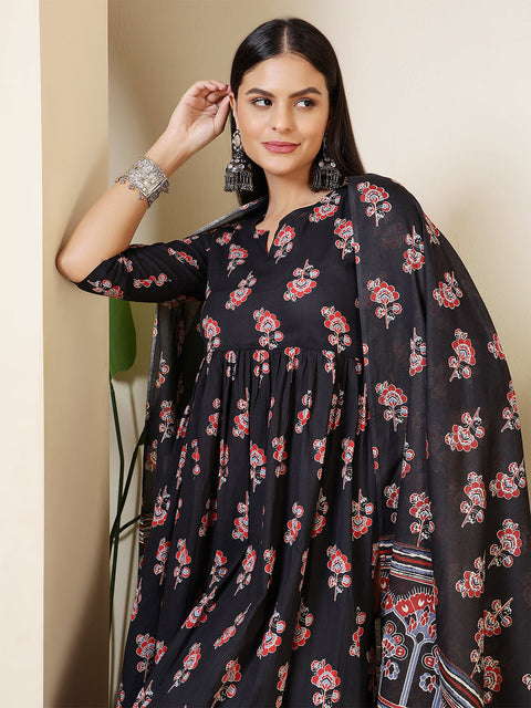 Black Printed Anarkali Kurta Set With Dupatta For Women
