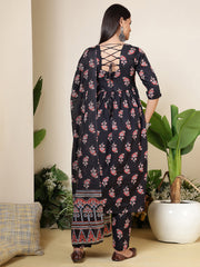 Black Printed Anarkali Kurta Set With Dupatta For Women