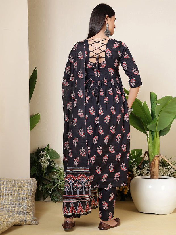 Black Printed Anarkali Kurta Set With Dupatta For Women