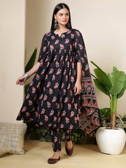 Black Printed Anarkali Kurta Set With Dupatta For Women