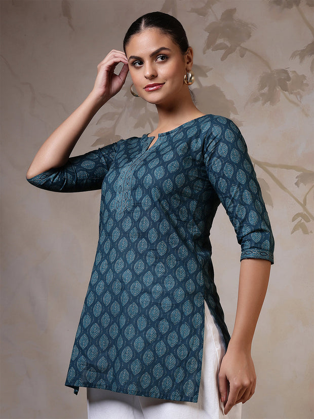 Women Teal Blue Printed Straight Tunic