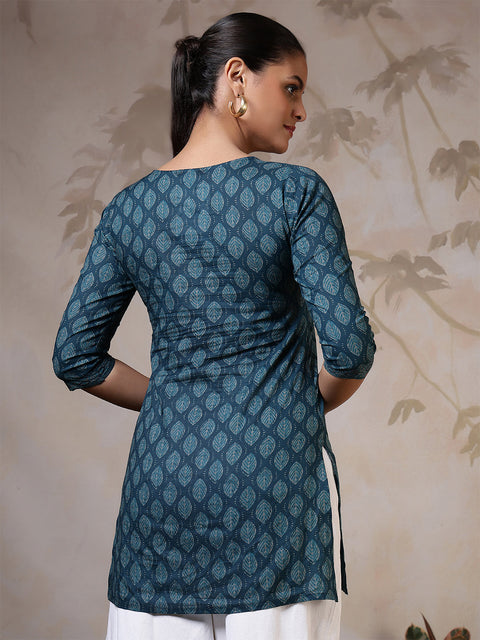 Women Teal Blue Printed Straight Tunic