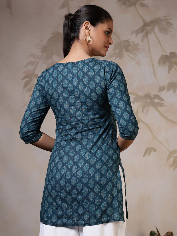 Women Teal Blue Printed Straight Tunic