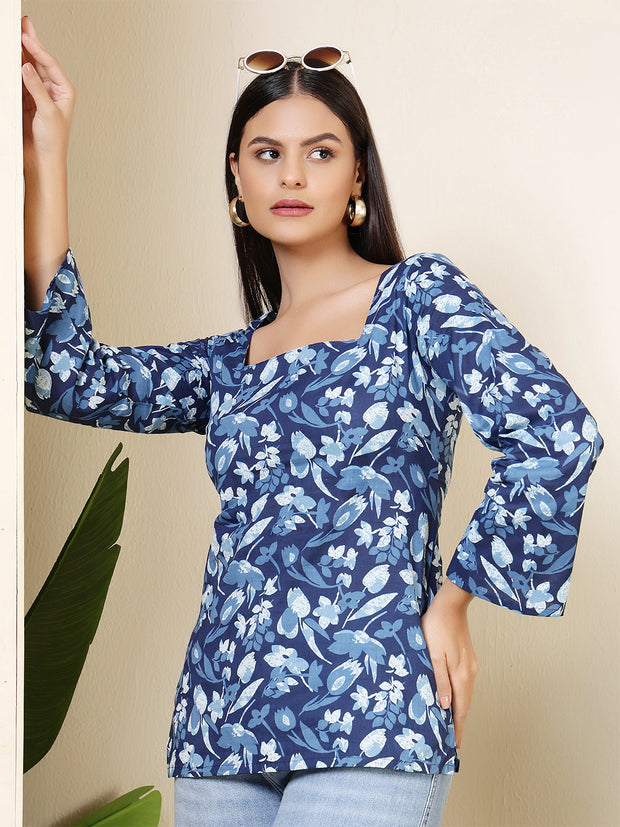 Women Blue Printed Straight Tunic