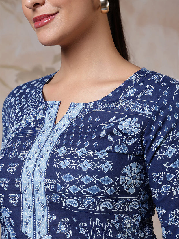 Women Blue Printed Straight Tunic