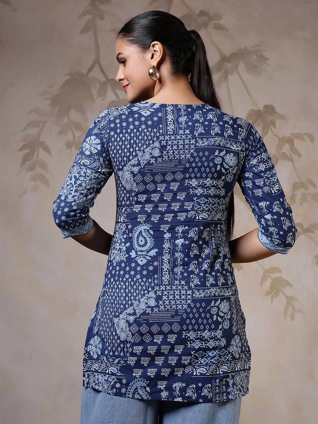 Women Blue Printed Straight Tunic