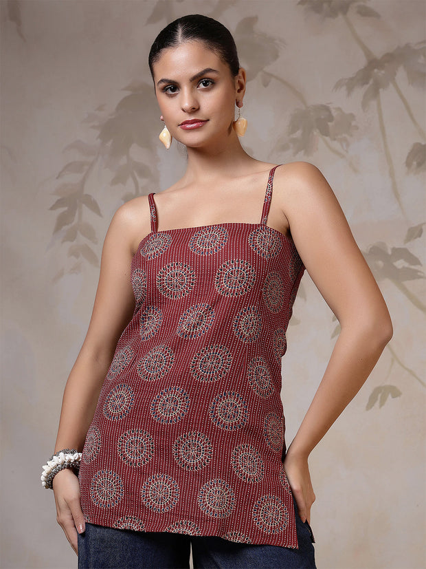 Women Maroon Printed Straight Tunic