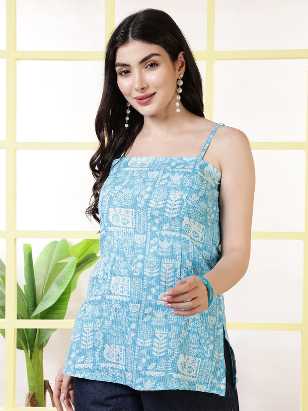 Women Blue Printed Straight Tunic