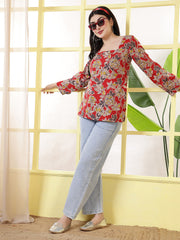 Women Red Printed Straight Tunic