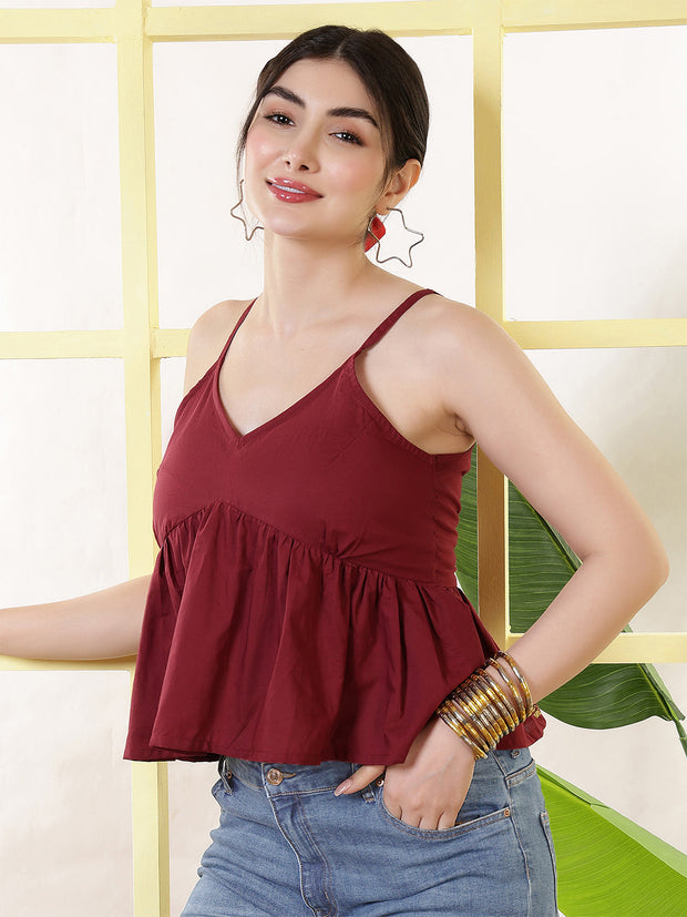 Women Maroon Solid Top