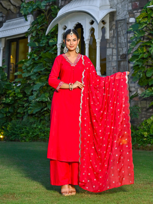 Magenta Pink Embroidered Kurta With Palazzo And Organza Dupatta
