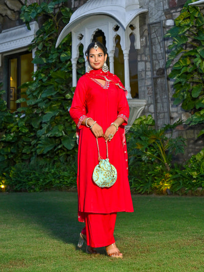 Magenta Pink Embroidered Kurta With Palazzo And Organza Dupatta