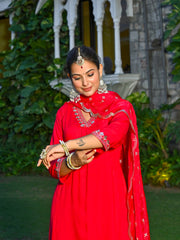 Magenta Pink Embroidered Kurta With Palazzo And Organza Dupatta