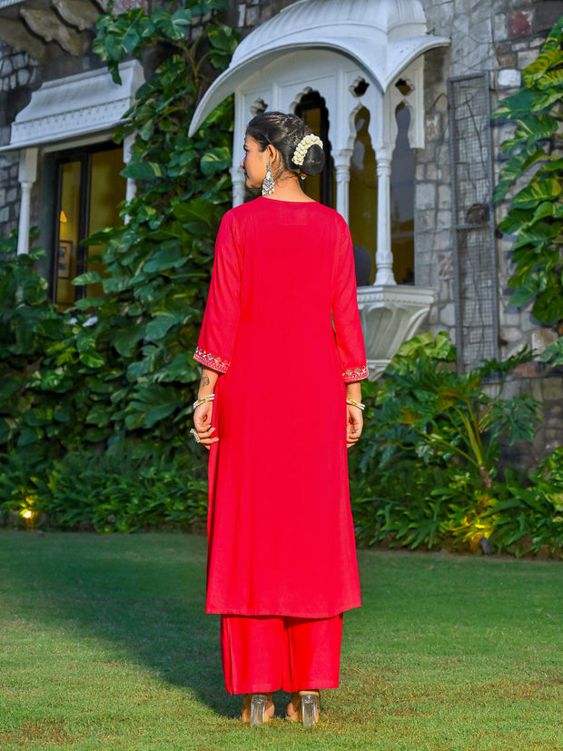 Magenta Pink Embroidered Kurta With Palazzo And Organza Dupatta