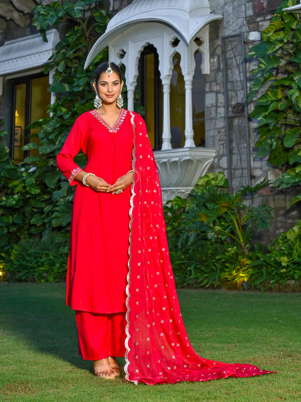 Magenta Pink Embroidered Kurta With Palazzo And Organza Dupatta