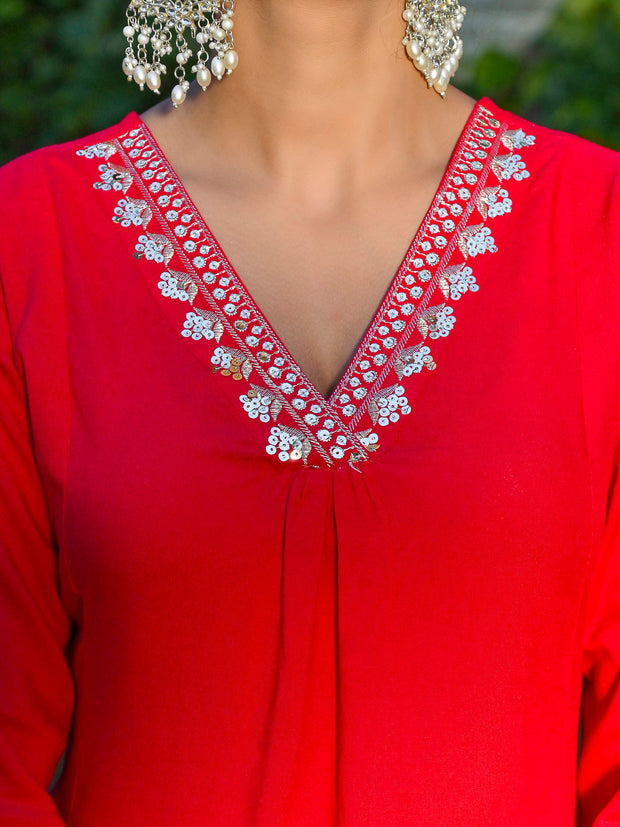 Magenta Pink Embroidered Kurta With Palazzo And Organza Dupatta