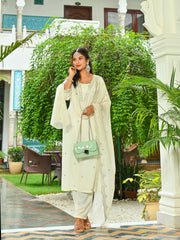 Off White Embroidered Kurta With Palazzo And Organza Dupatta