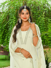 Off White Embroidered Kurta With Palazzo And Organza Dupatta