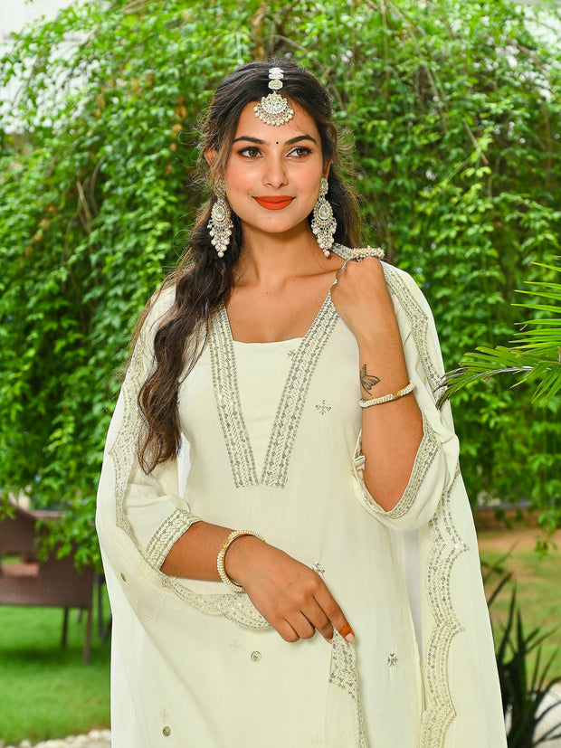 Off White Embroidered Kurta With Palazzo And Organza Dupatta