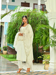 Off White Embroidered Kurta With Palazzo And Organza Dupatta