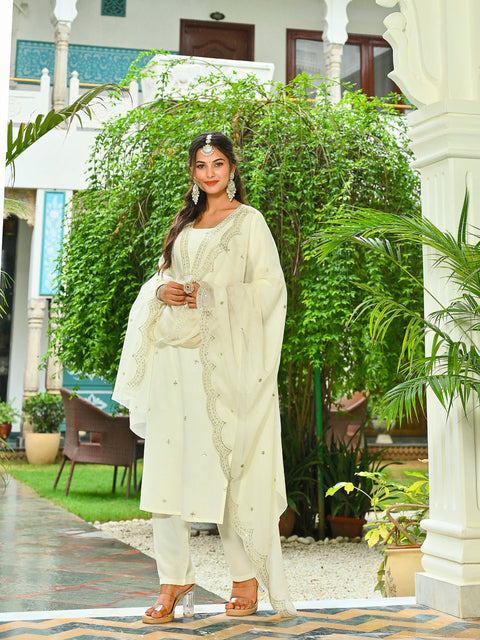 Off White Embroidered Kurta With Palazzo And Organza Dupatta