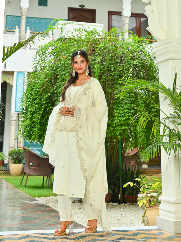 Off White Embroidered Kurta With Palazzo And Organza Dupatta