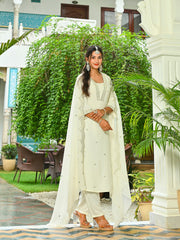 Off White Embroidered Kurta With Palazzo And Organza Dupatta