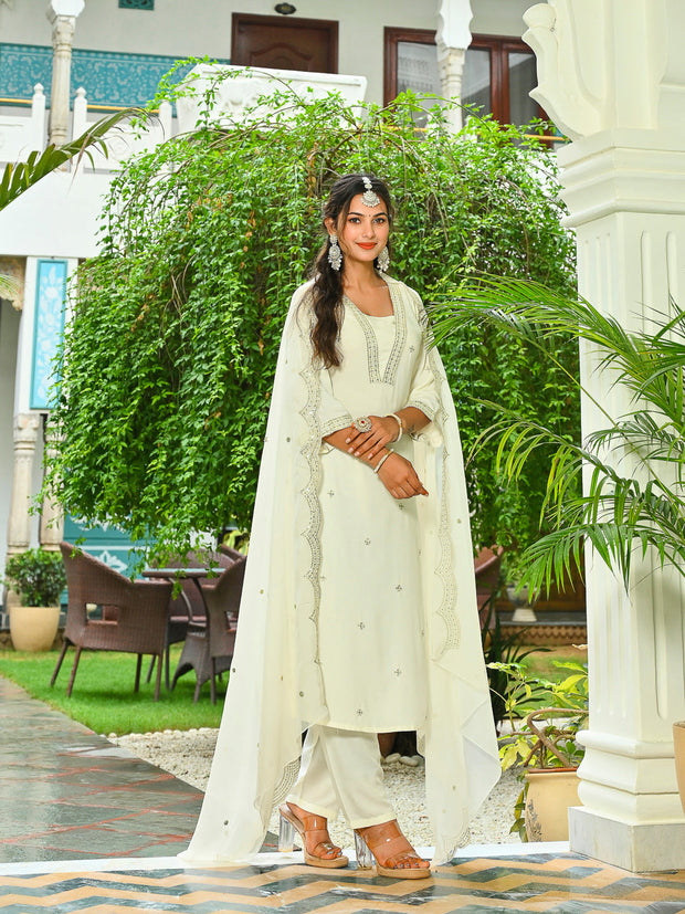 Off White Embroidered Kurta With Palazzo And Organza Dupatta