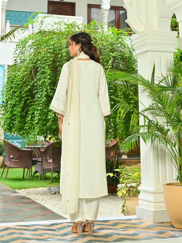 Off White Embroidered Kurta With Palazzo And Organza Dupatta