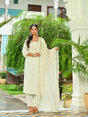 Off White Embroidered Kurta With Palazzo And Organza Dupatta