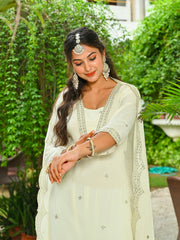 Off White Embroidered Kurta With Palazzo And Organza Dupatta