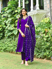 Purple Embroidered Kurta With Palazzo And Organza Dupatta